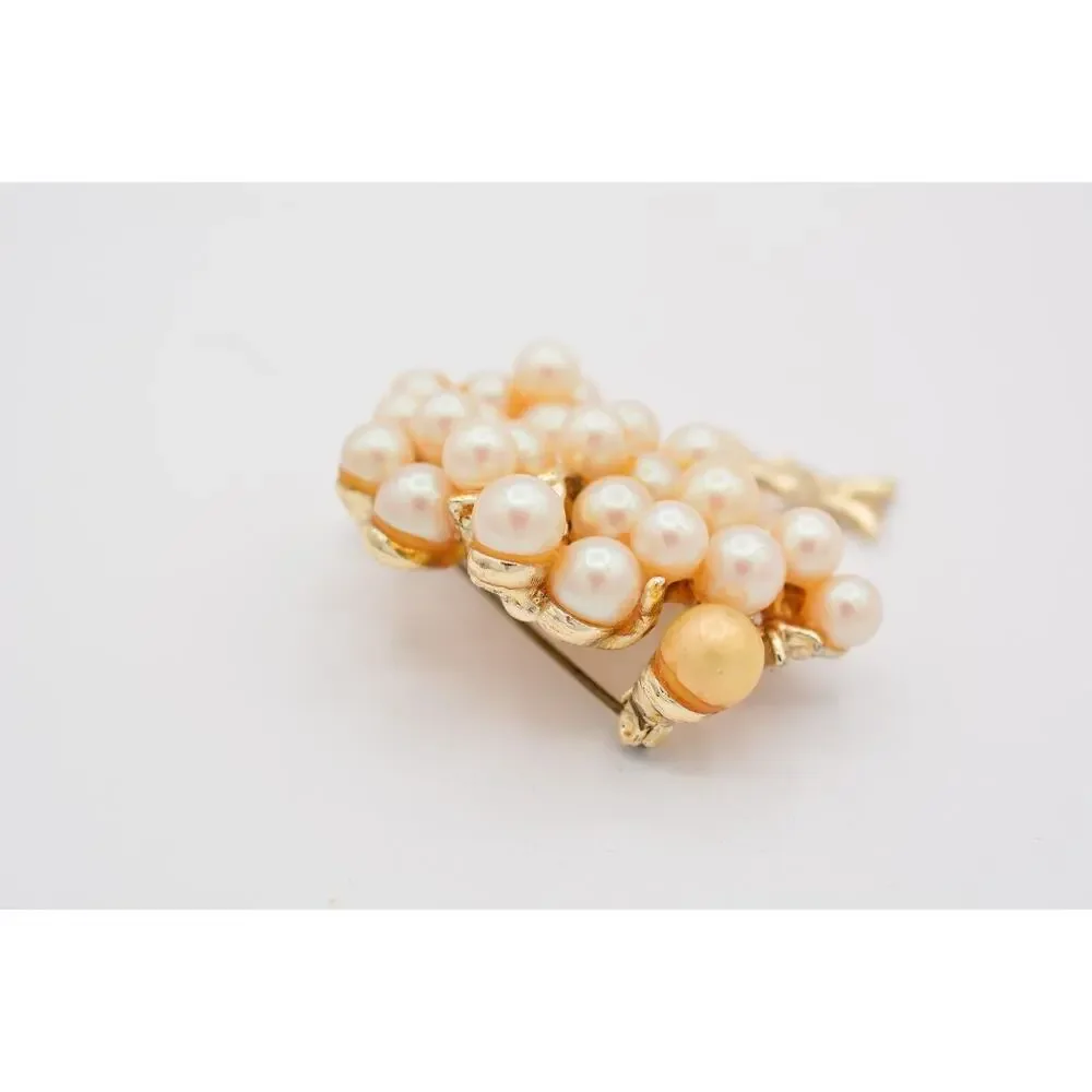 Vintage Tree Pin Brooch Faux Pearl Cluster Gold Tone Chunky Heavy 1980s BinAT